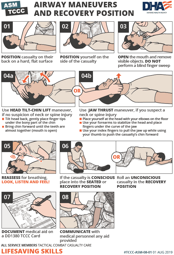 ASM TCCC Airway Maneuvers and Recovery Position poster (DHA), 8 steps: 01 Position casualty on back on hard flat surface; 02 Position yourself on side; 03 Open mouth and remove visible objects; 04a Head-tilt/chin lift if no neck or spine injury; 04b Jaw-thrust if neck or spine injury suspected; 05 Reassess breathing — look, listen and feel; 06 Conscious = seated/recovery; unconscious = recovery position; 07 Document on DD1380; 08 Communicate with medical personnel.