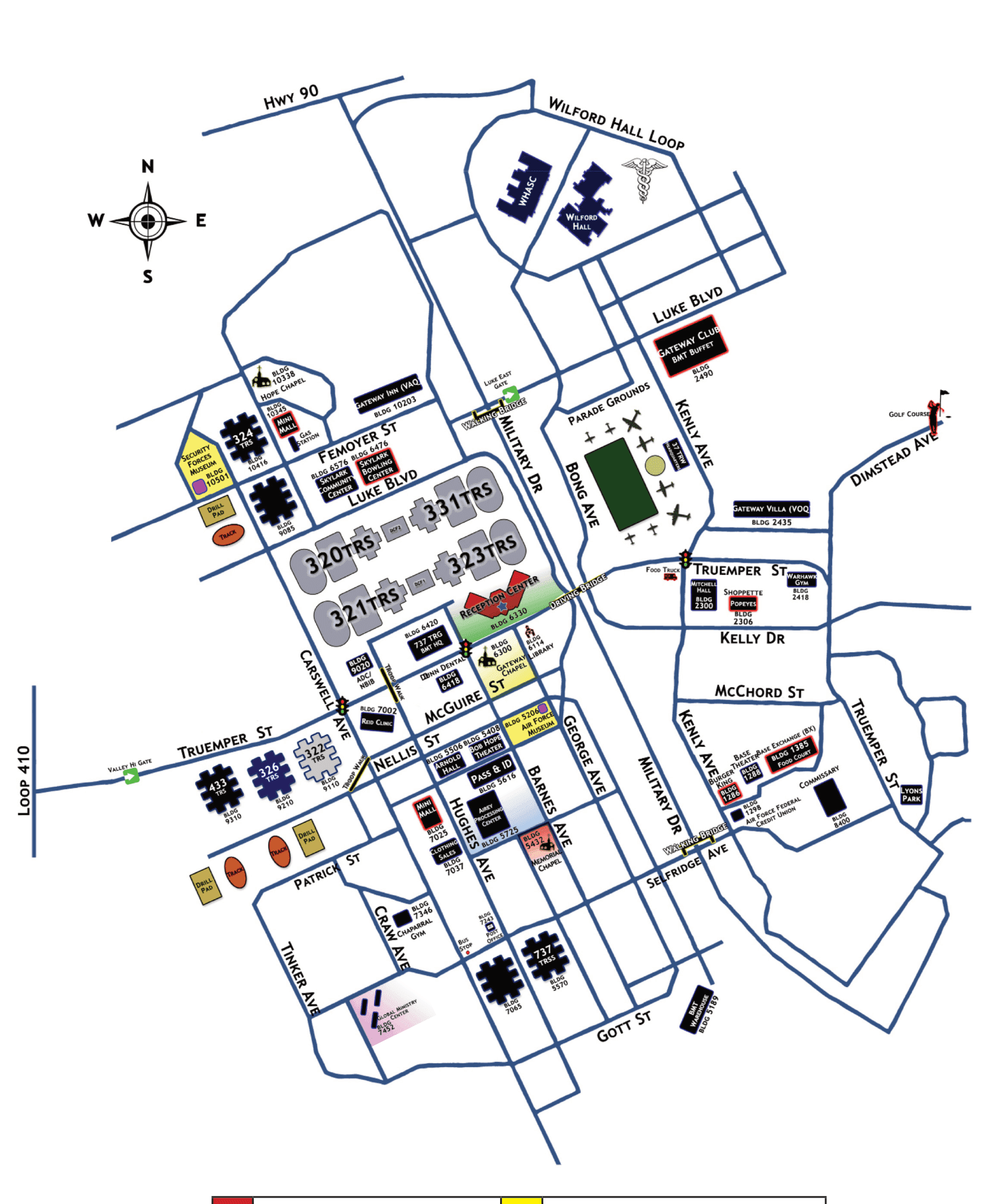BMT base map showing chapel locations (Airman Memorial, Gateway), Global Ministry Center, BMT Processing Center, Dining Classroom Facility, and Pfingston Reception Center