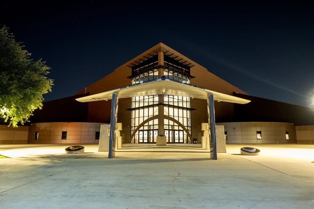 Exterior view of the Pfingston Reception Center at JBSA-Lackland, shaped like the Air Force symbol