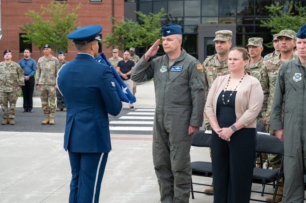 Air Force colonel in flight suit during a retreat ceremony