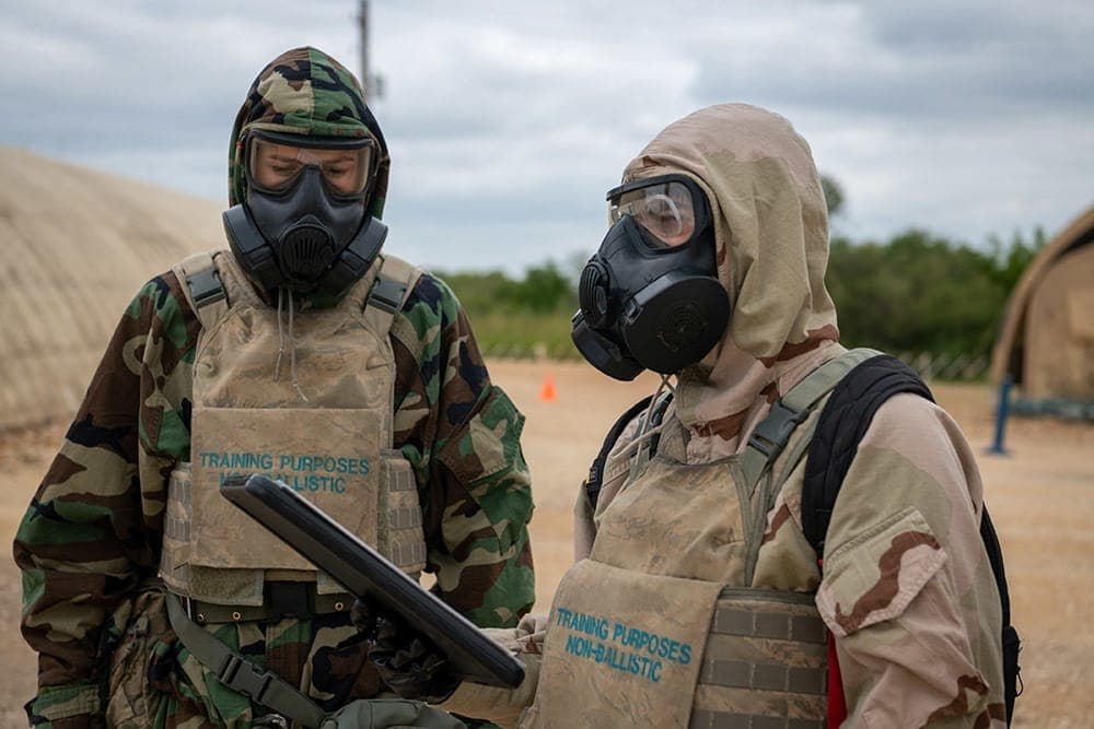 BMT trainees practicing CBRNE defense scenarios at JBSA-Lackland