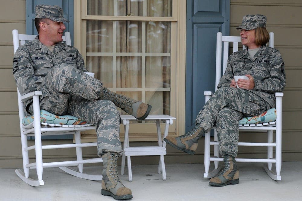 Air Force couple reviewing assignment paperwork together