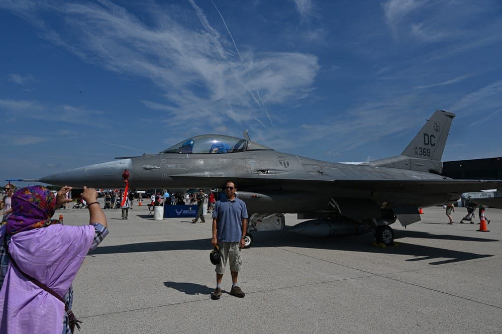 F-16 fighter jet at an Air National Guard base during an open house event