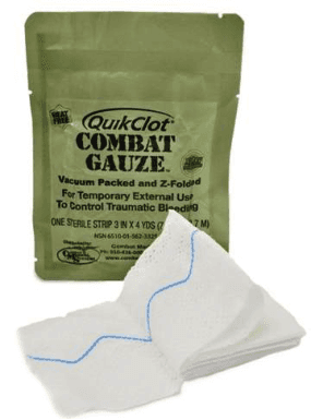 Fig 40-3: QuikClot Combat Gauze hemostatic dressing in sterile foil pouch.