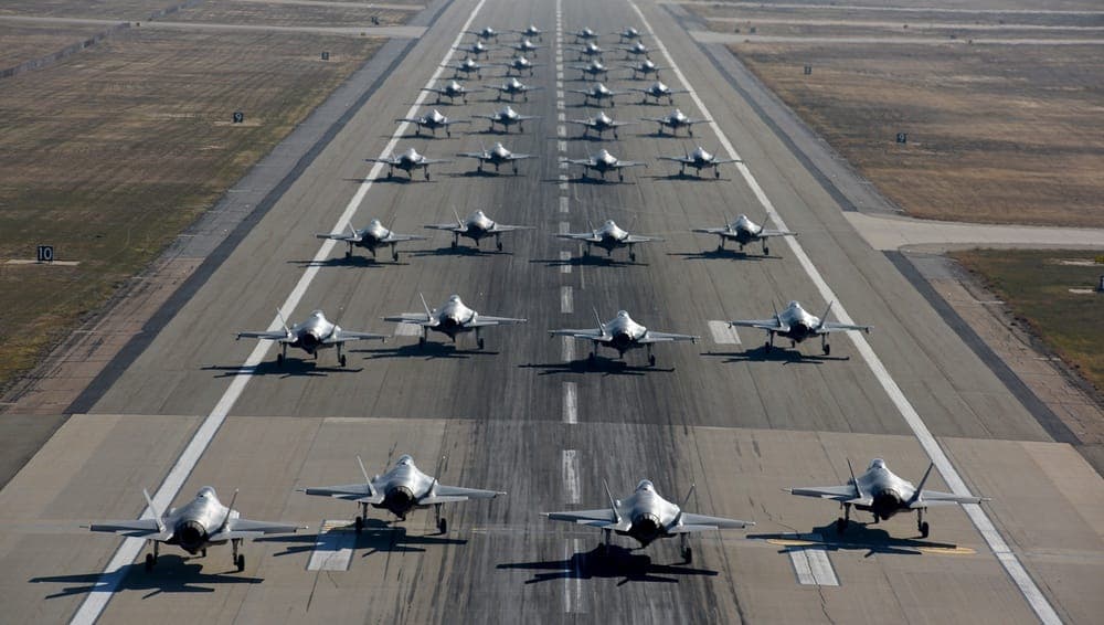 F-35A Lightning II fighter aircraft on the flight line, representing modern Air Force fifth-generation capability
