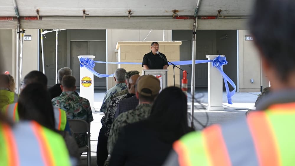 Air Force on-base family housing community with duplex homes and landscaping