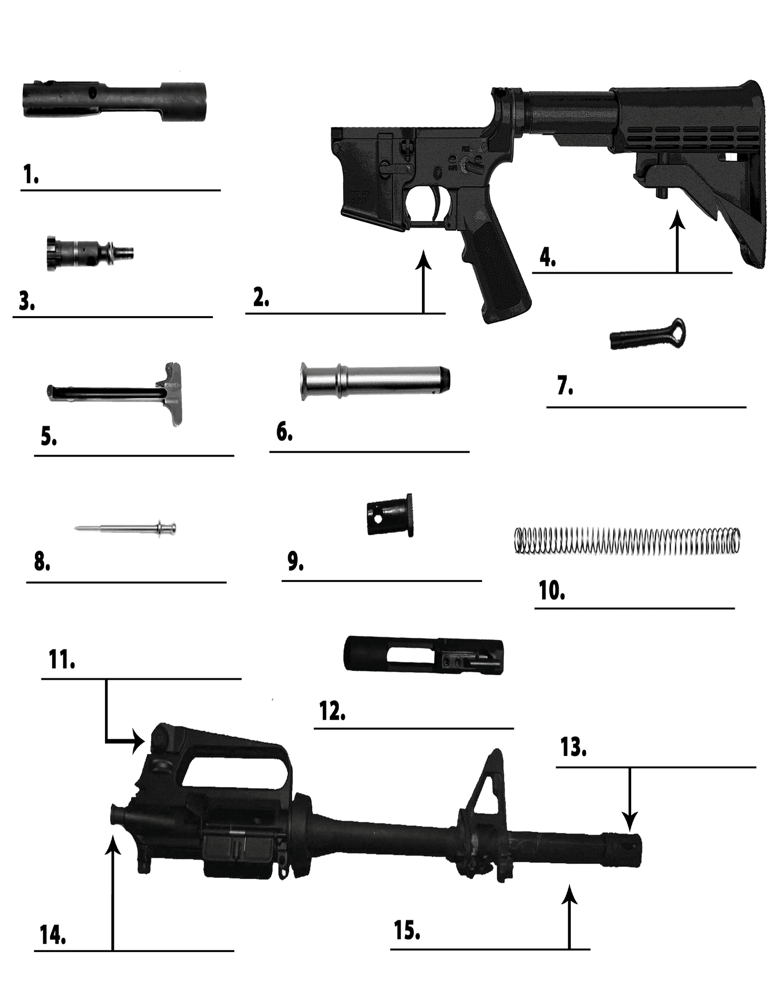 M4 carbine parts-identification practice diagram — an unlabeled exploded view with 15 numbered callouts for self-testing part names