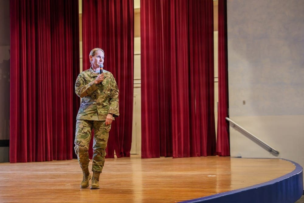 Deputy commander addressing personnel during a commander's call at Sheppard AFB