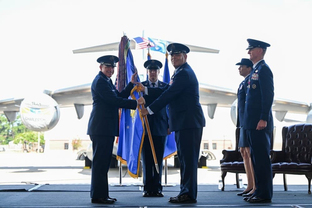 Air Force wing change of command ceremony with unit guidons