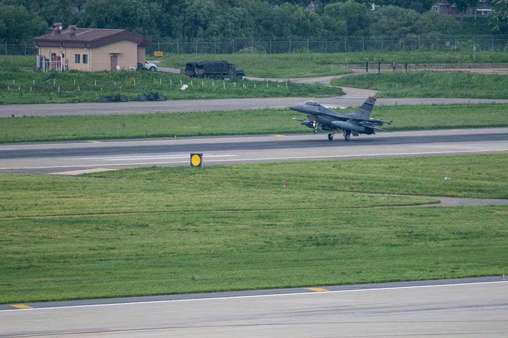 F-16 Fighting Falcons on the flight line at Osan Air Base, South Korea