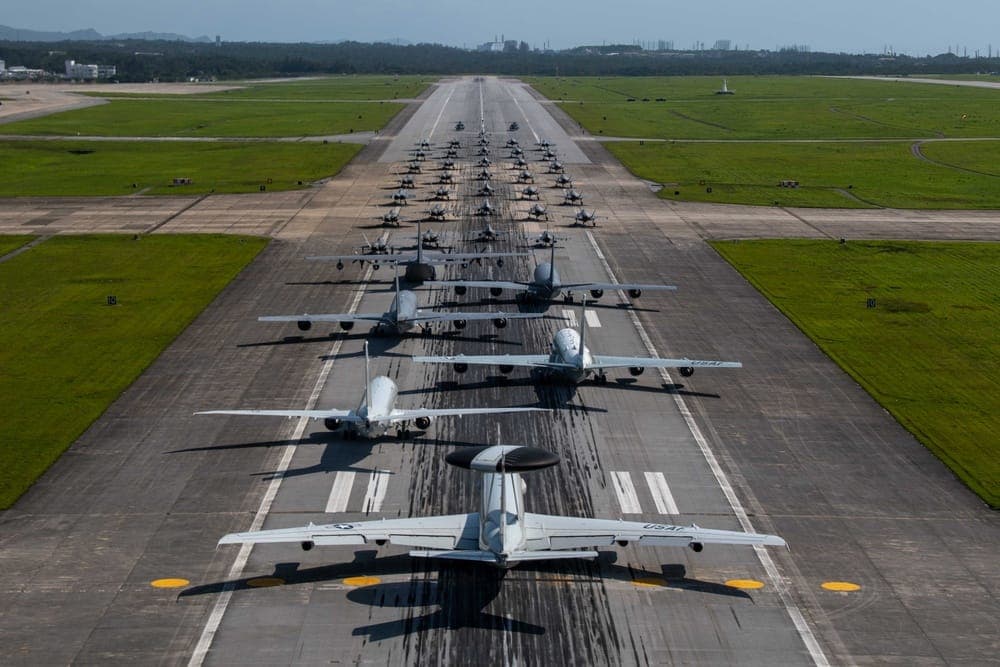 Aircraft lined up on the flight line at Kadena Air Base in Japan
