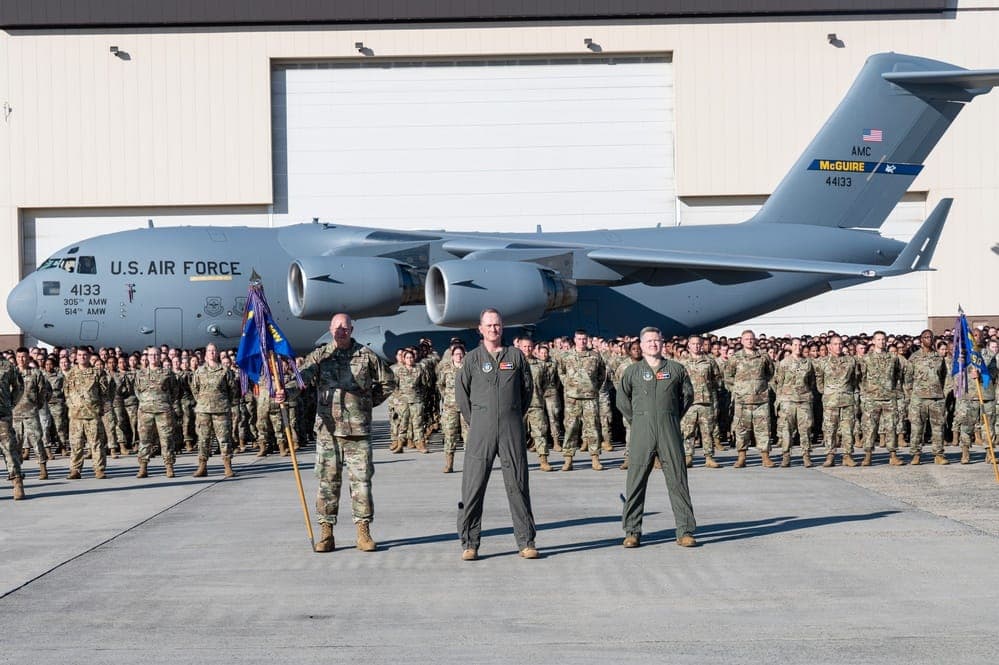 Air Force Reserve airmen in formation during a Unit Training Assembly drill weekend