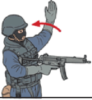 Hand & arm signal — MOVE: arm raised with open hand sweeping forward in the direction of movement.