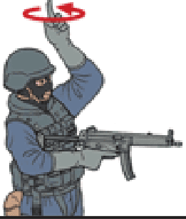 Hand & arm signal — RALLY: arm fully extended overhead with index finger pointing up, hand making a circular motion.