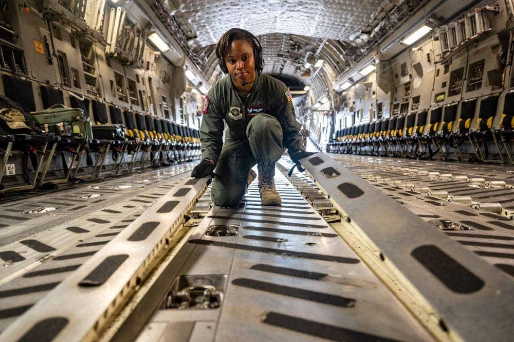Interior view of a C-17 Globemaster III configured for passenger transport