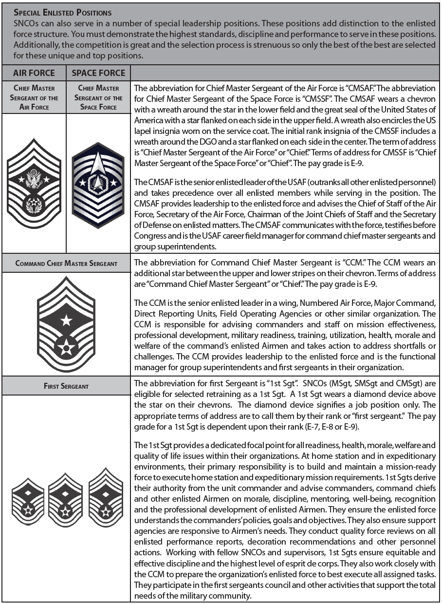 Special enlisted position insignia: CMSAF, Command Chief, and First Sergeant