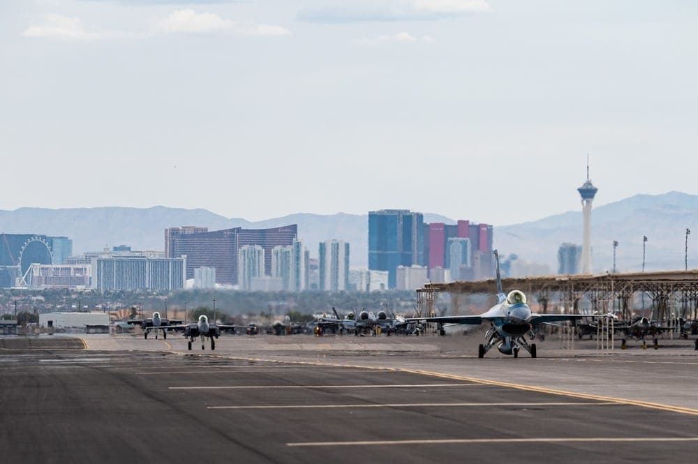 F-16 aircraft on the flightline at Nellis AFB during Red Flag exercise