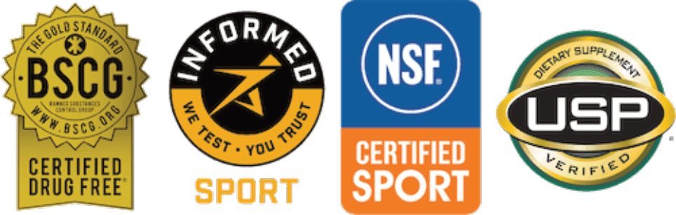 Four third-party supplement verification logos: BSCG Certified Drug Free, Informed Sport, NSF Certified for Sport, and USP Verified.