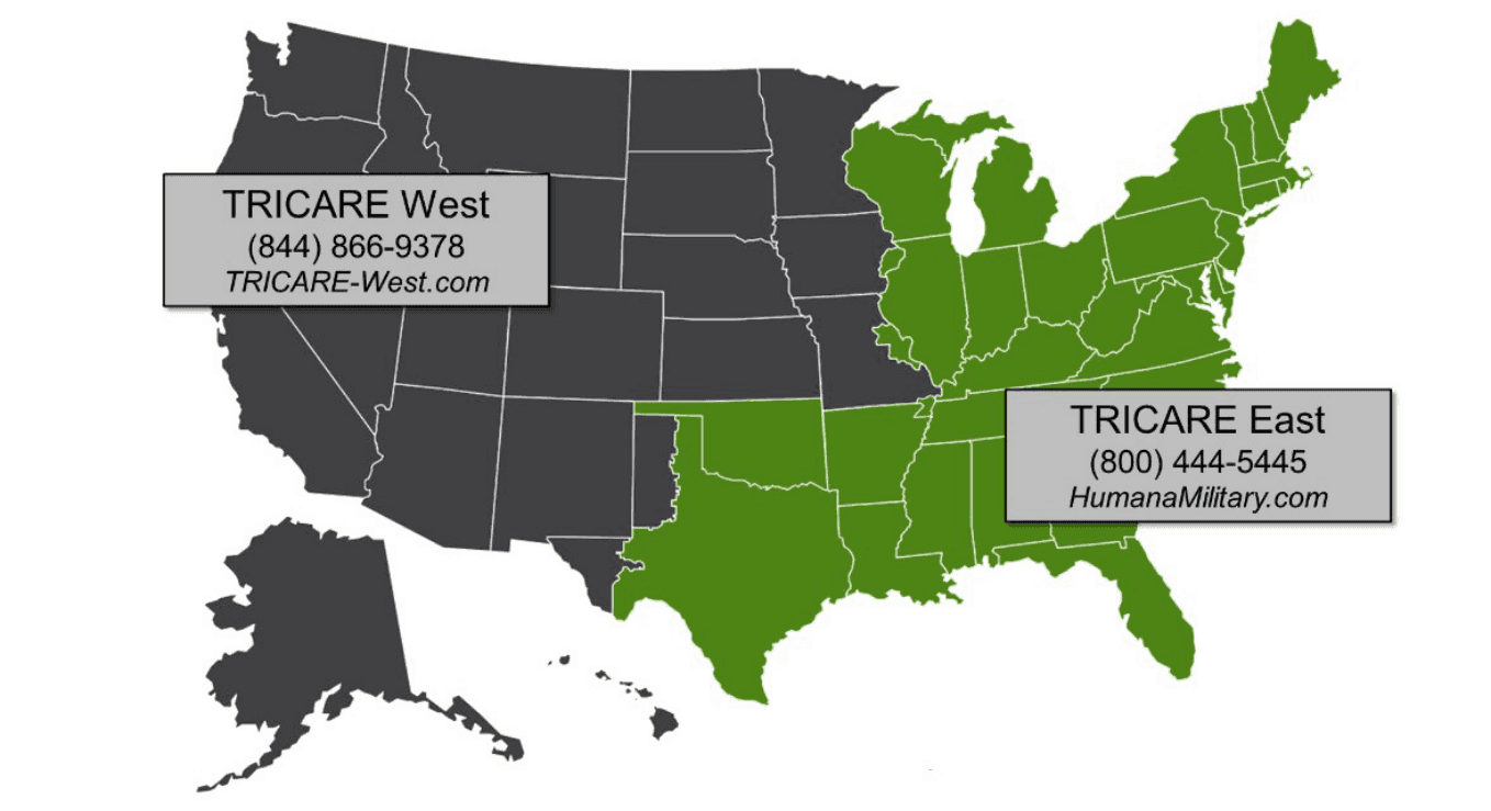 TRICARE regional map showing the East, West, and Overseas regions and their contractors